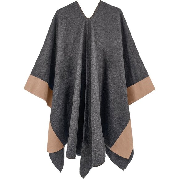 Women Shawl Wrap Poncho Ruana Cape Open Front Cardigan Fall Winter Grey Camel 2 - Picture 2 of 6